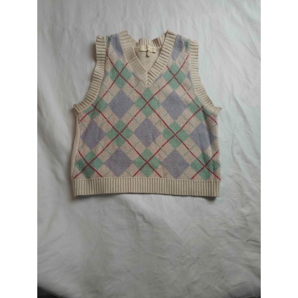 Hazel Moon Sweater Vest Womens Medium Beige Argyle Knit Preppy Academia V-Neck